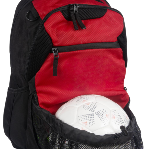 Red And Black Backpack With A White Soccer Ball In The Front Pocket.